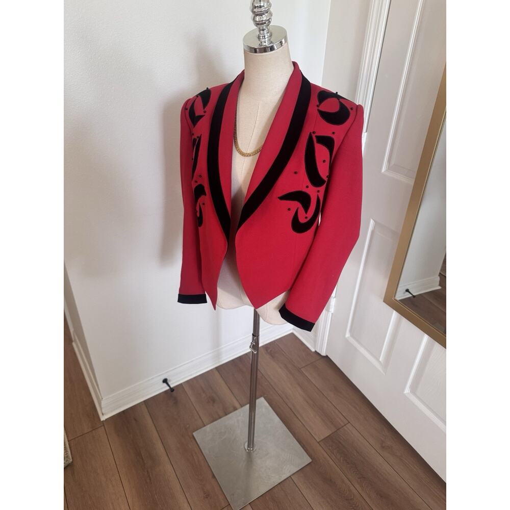 Vintage 80s 90s Red Black Beaded Cropped Short Jacket Open Front Statement MED - Picture 9 of 16